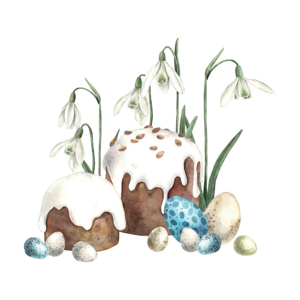 Watercolor Easter composition with Easter cake, snowdrops and eggs. Hand drawn illustrations on isolated background for greeting cards, invitations, happy holidays, posters, graphic design vector