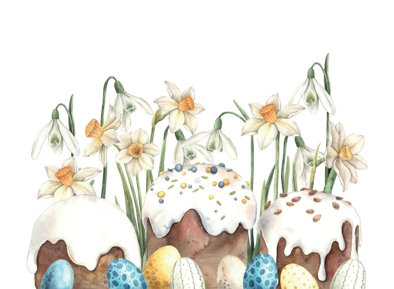 Watercolor Easter composition with Easter cakes, eggs and daffodils. Hand drawn illustrations on isolated background for greeting cards, invitations, happy holidays, posters, graphic design, print vector