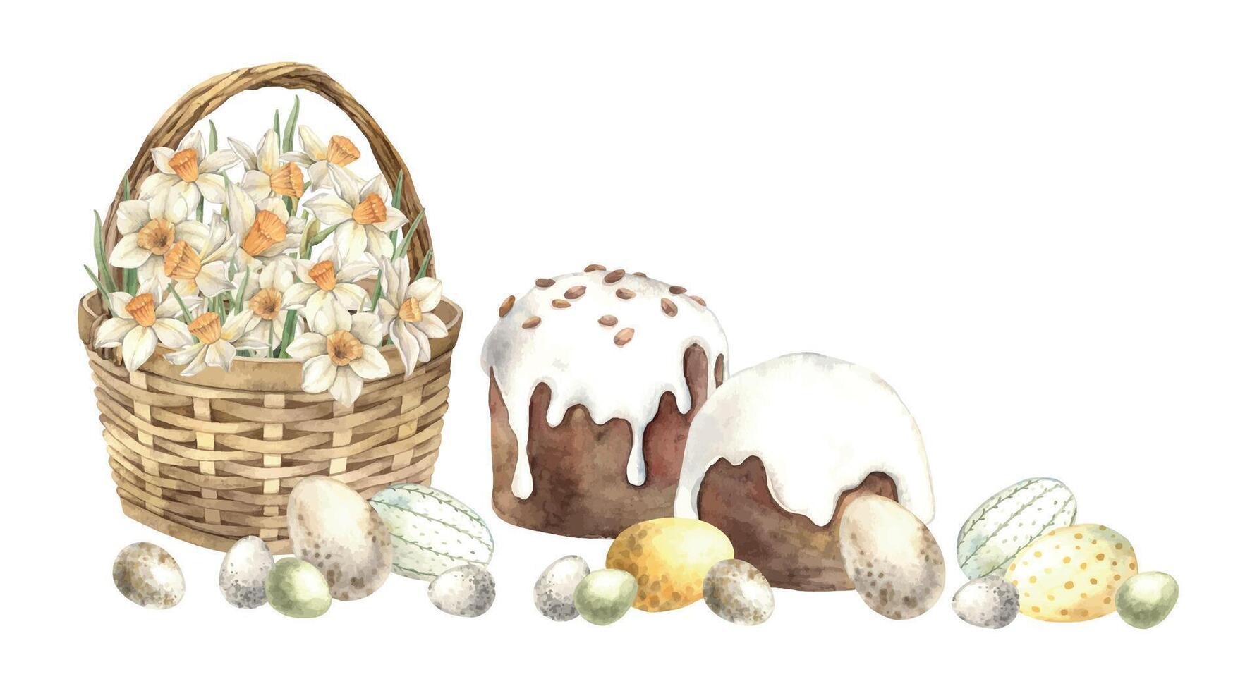 Watercolor Easter composition with a wicker basket, daffodils, Easter cake and eggs. Hand drawn illustrations on isolated background for greeting cards, invitations, happy holidays, posters, design vector
