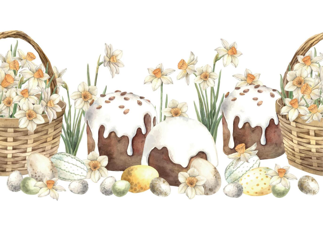 Watercolor Easter endless composition with Easter cakes, eggs and a basket of daffodils. Hand drawn illustrations on isolated background for greeting cards, invitations, happy holidays, posters vector