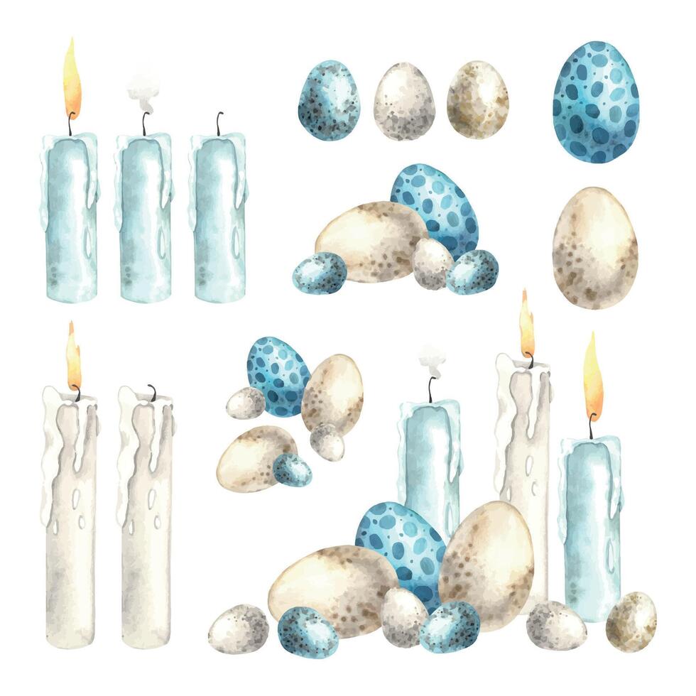 Watercolor Easter set with candles and different eggs. Hand drawn illustrations on isolated background for greeting cards, invitations, happy holidays, posters, graphic design, print, label vector