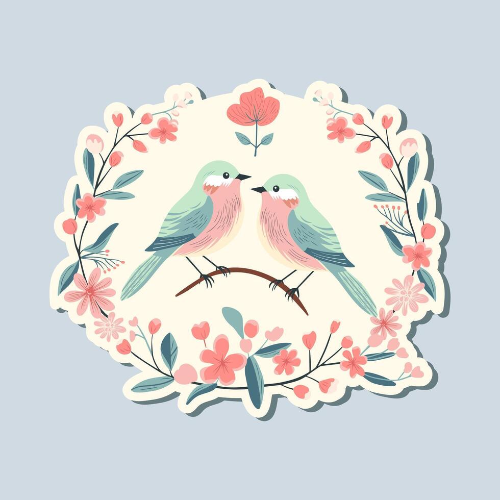 Spring sticker birds. Hand drawn style. Springtime element. Vector seasonal element.