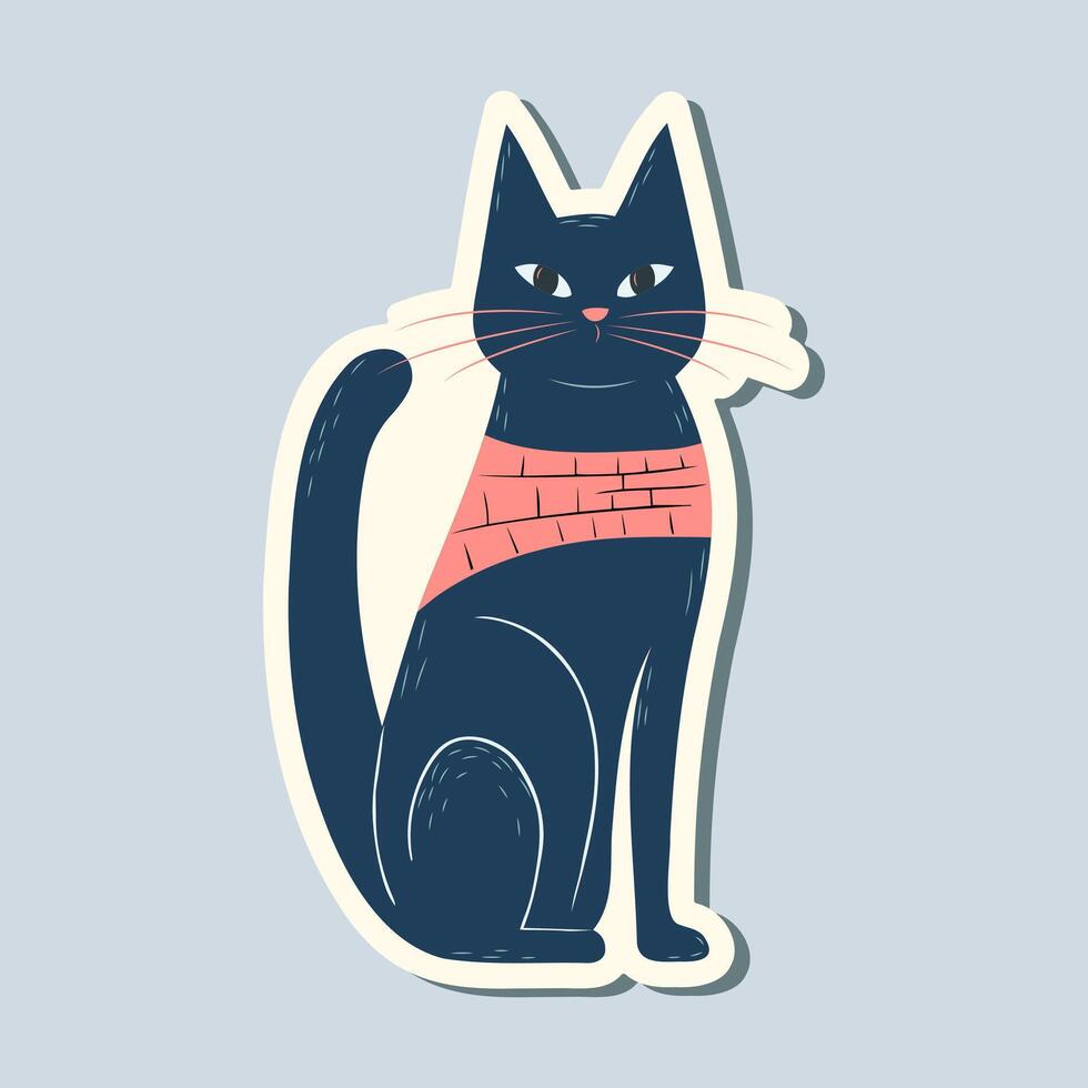 Sticker black cat. Hand drawn style. Springtime element. Vector seasonal element.