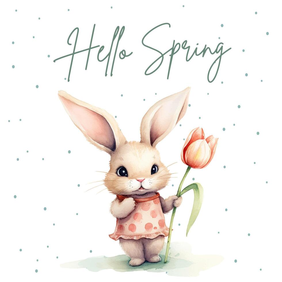 Springtime poster with bunny and tulip. Cute watercolor rabbit, greeting card, banner. vector