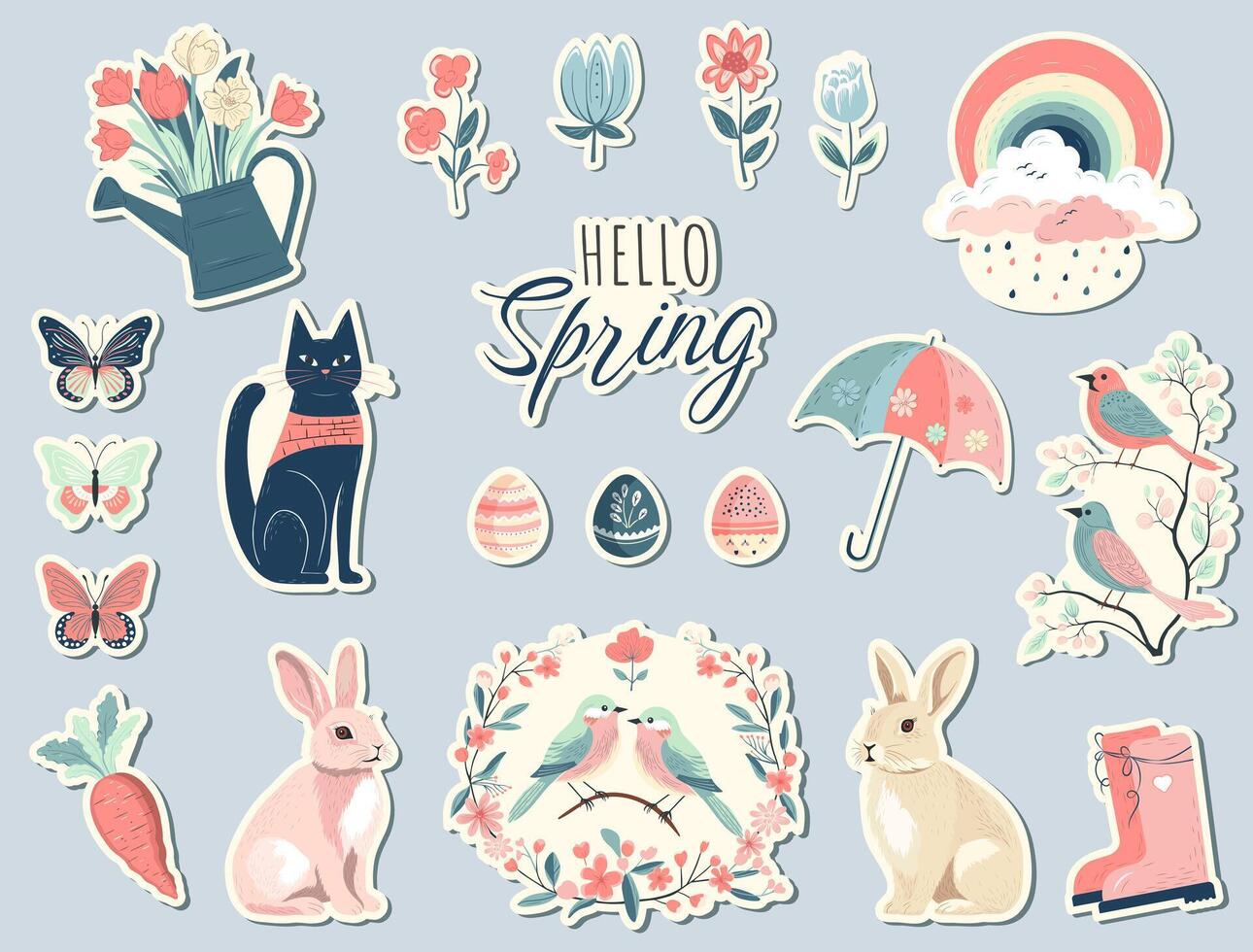 Set of spring stickers hand drawn style. Collection of springtime elements. Vector seasonal elements.