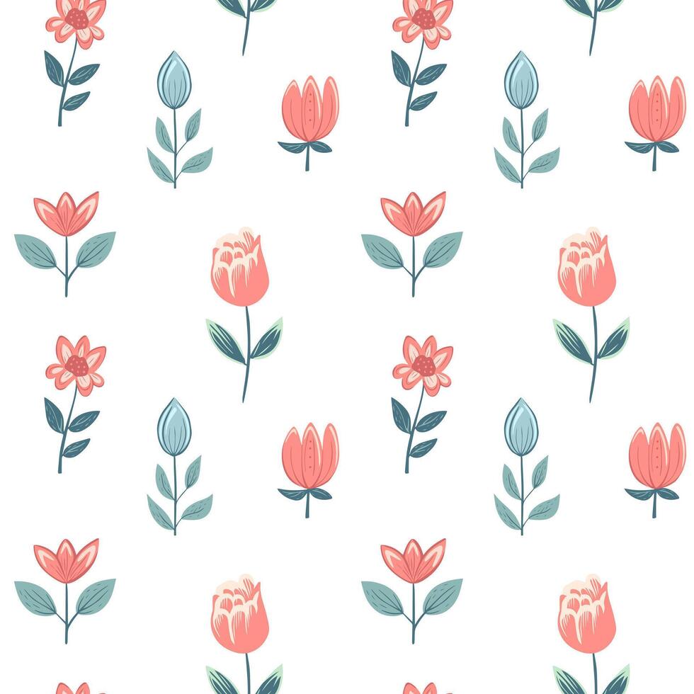 Vector seamless pattern with tulips. Spring background. Folk flowers. Romantic flower pattern hand drawn.