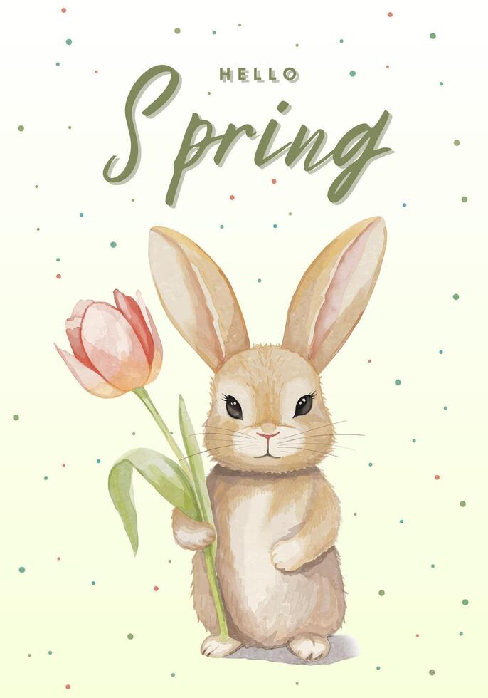 Springtime poster with bunny and tulip. Cute watercolor rabbit, greeting card, banner. vector