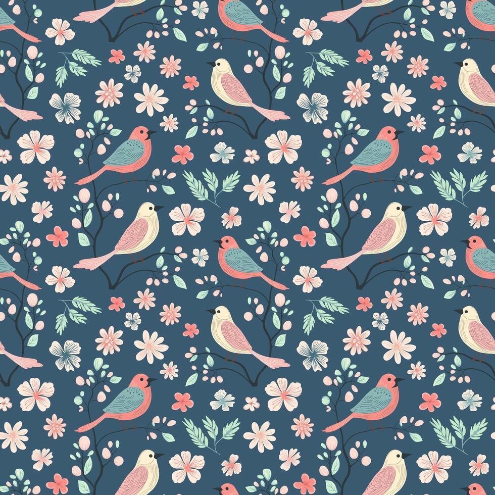 Vector seamless pattern with cute birds. Spring backgrounds in folk style. Vintage romantic nature hand drawn print.