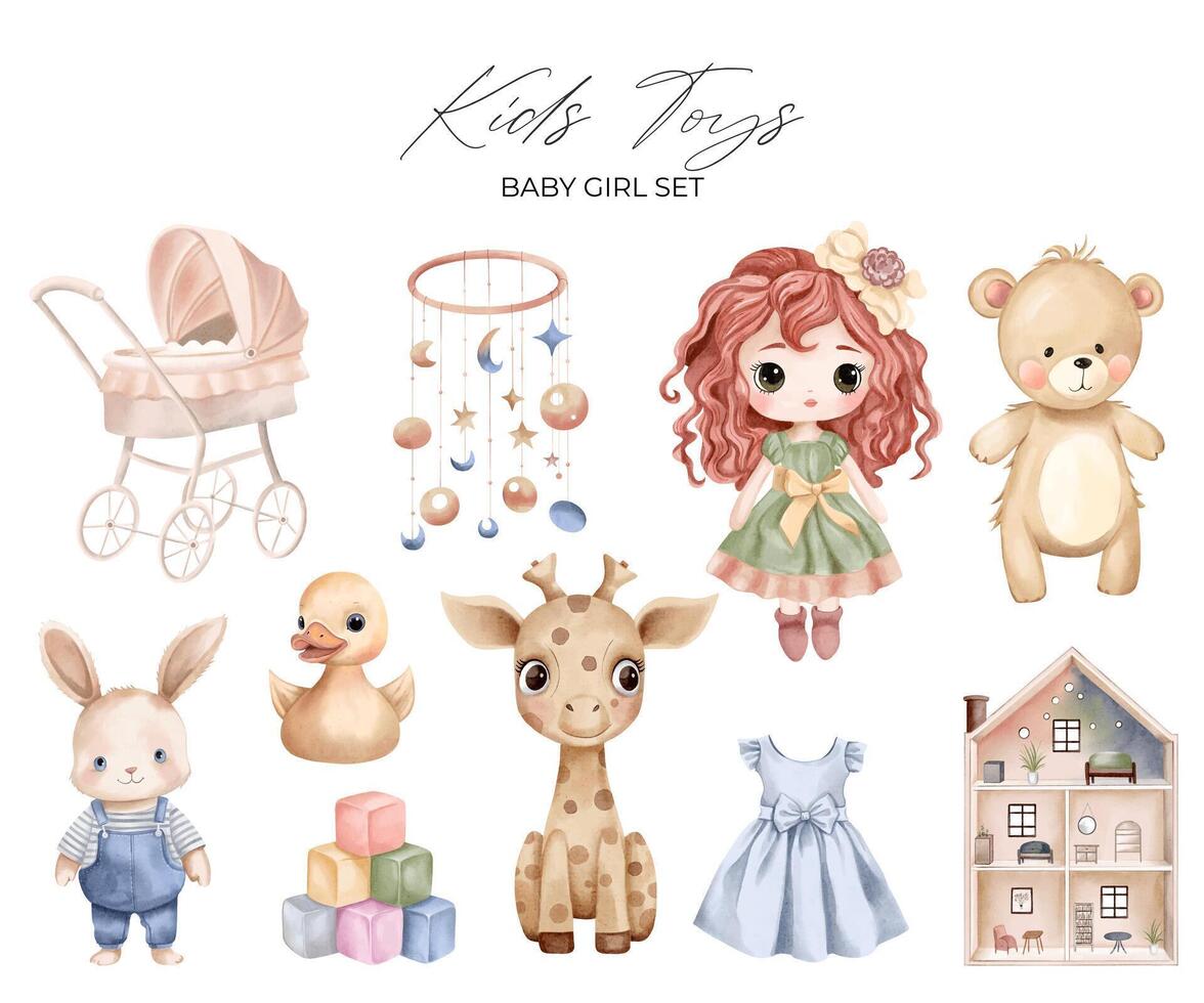 Watercolor toys set. Hand drawn kid toy, puppet house, doll, baby carriage. Childish vector illustration pastel colors.