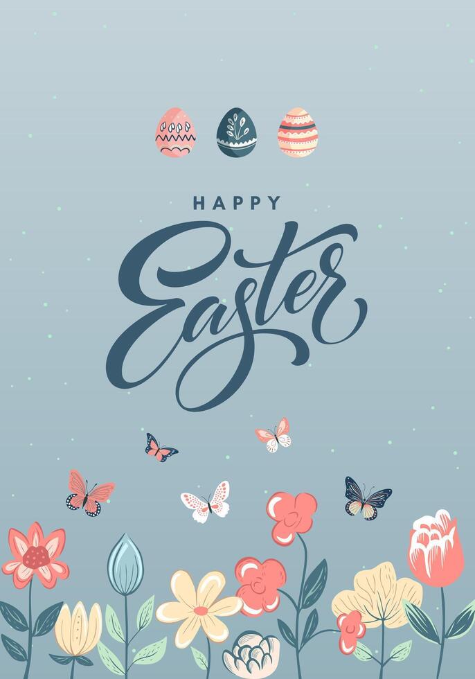 Happy Easter frame. Trendy Easter design with bunny in pastel colors and text. Poster, greeting card, banner. vector