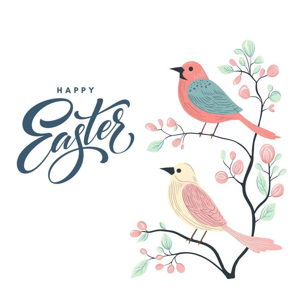 Happy Easter frame. Trendy Easter design with birds in pastel colors and text. Poster, greeting card, banner. vector
