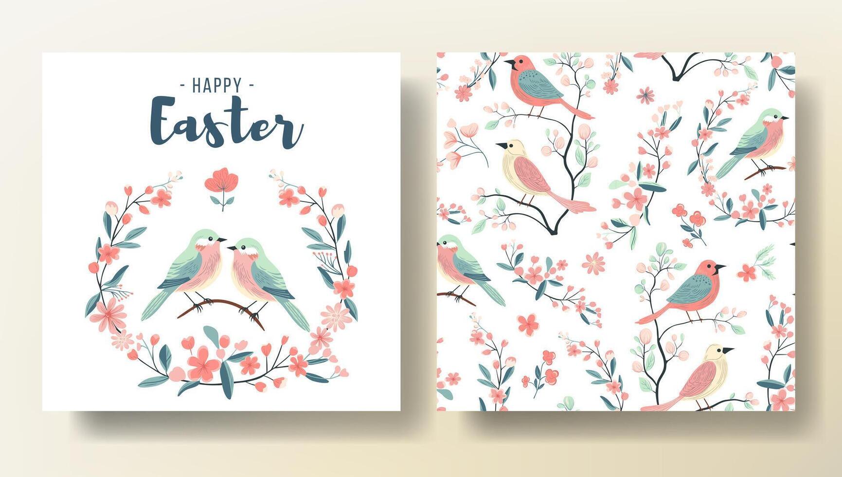 conjunto de Pascua de Resurrección saludo tarjeta y sin costura modelo con aves, primavera modelo. contento Pascua de Resurrección vector