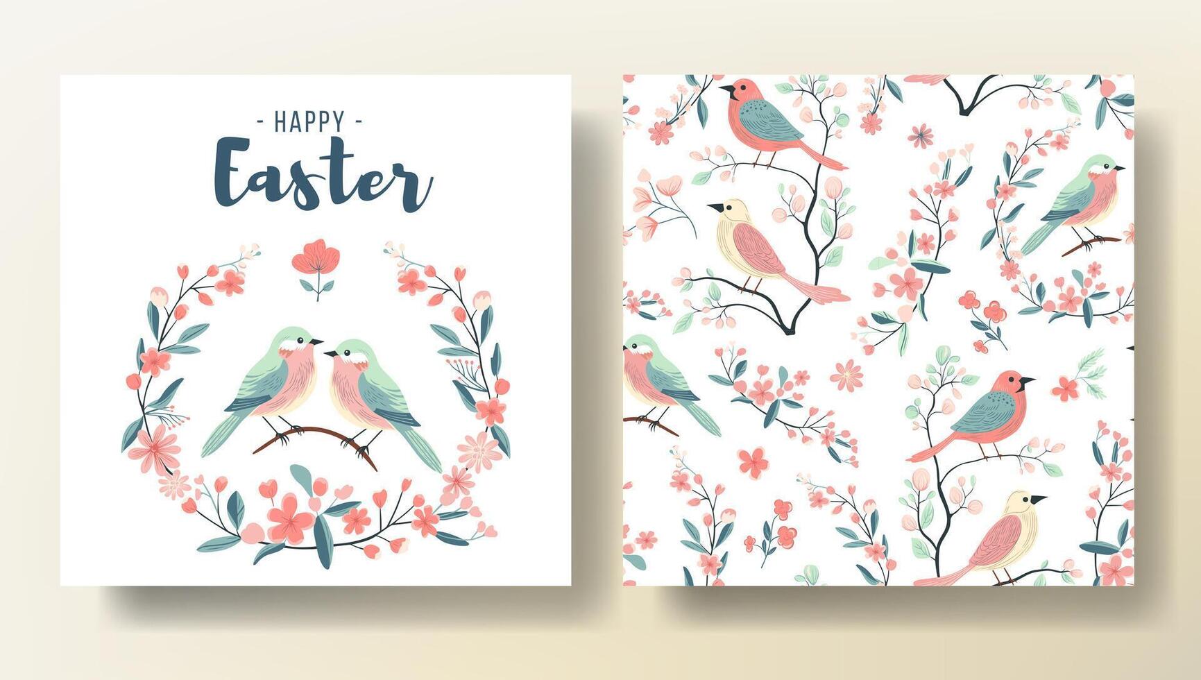 Set of Easter greeting card and seamless pattern with birds, spring template. Happy Easter vector