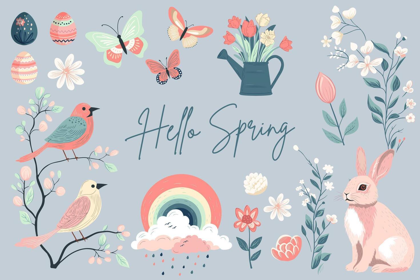 Spring collection. Hand drawn spring elements flowers, bird, bunny. Vector illustration. Trendy spring design