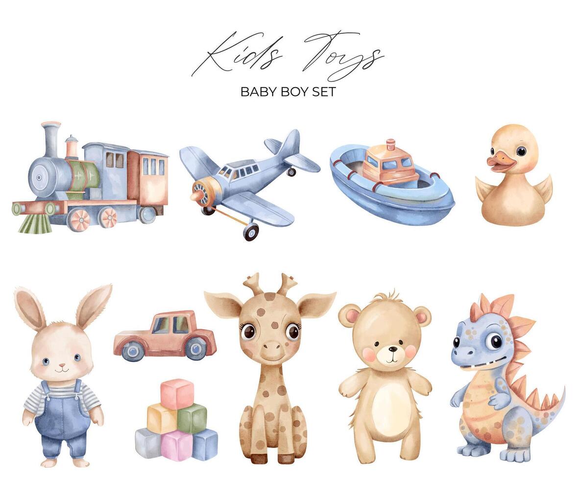 Watercolor toys set. Hand drawn kid toy, aeroplane, train, boat. Childish vector illustration pastel colors.