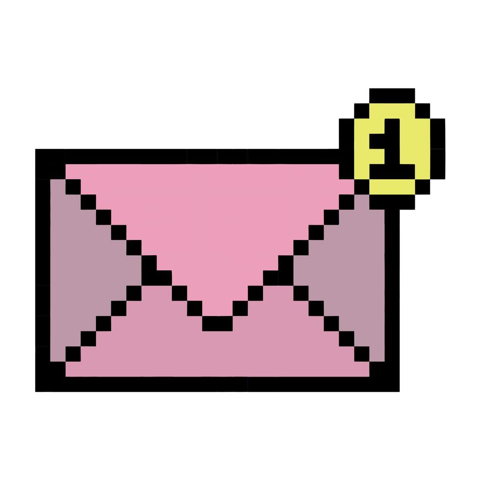 píxel sobre. icono de correo electrónico con notificación . 8 bits juego en blanco antecedentes vector