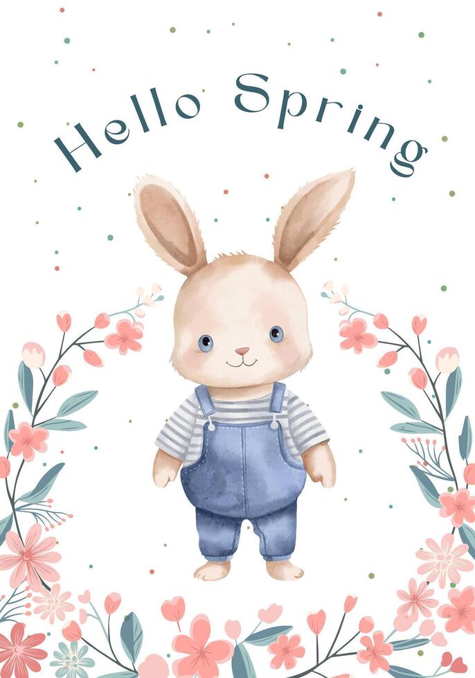 Springtime poster with bunny and flowers. Cute watercolor rabbit, greeting card, banner. vector