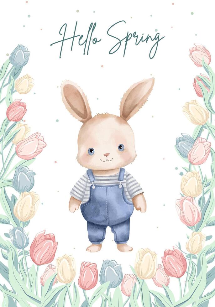 Springtime poster with bunny and tulips. Cute watercolor rabbit, greeting card, banner. vector