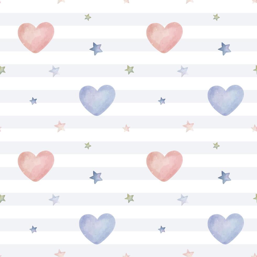 Seamless pattern with watercolor hearts and stars. Cute childish wallpaper. Vector background in pastel colors
