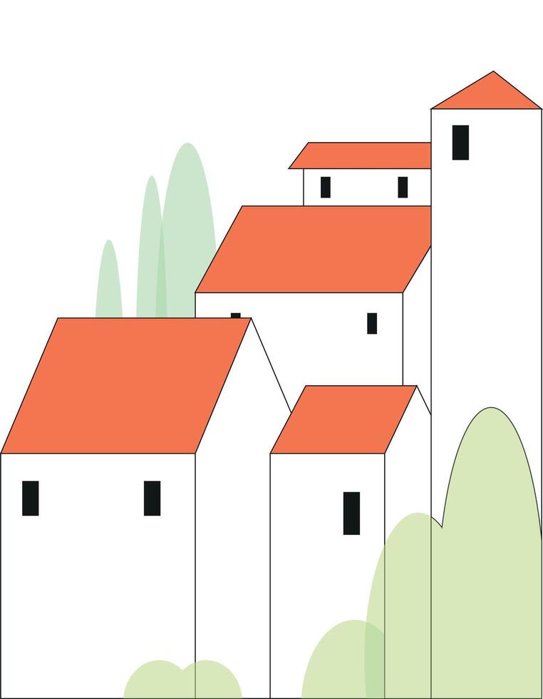 Suburban town street against the background of the big city. Vector cartoon illustration of cozy houses in the countryside