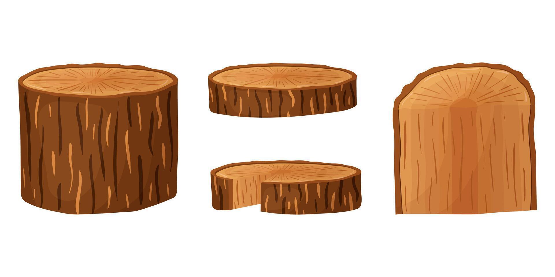 Raw materials for the woodworking industry. Tree trunk, logs, stumps, vector illustration.