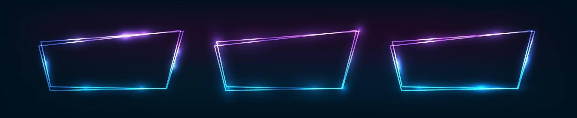 Set of neon double frames with shining effects vector