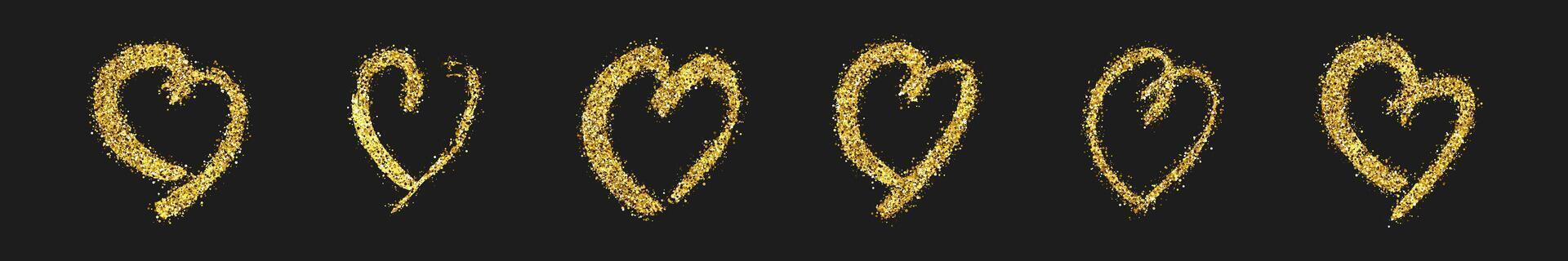 Set of six gold glitter doodle hearts on dark background. Gold grunge hand drawn heart. Romantic love symbol. Vector illustration.