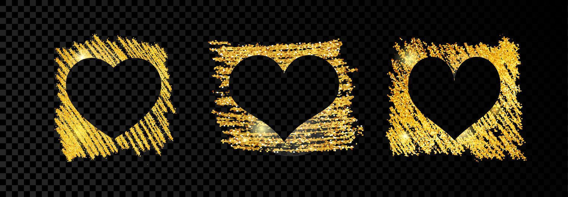 Set of three hearts on golden glittering scribble paint on dark background. Background with gold sparkles and glitter effect. Empty space for your text. Vector illustration