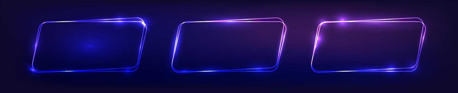 Set of three neon double rounded rectangular frames with shining effects on dark background. Empty glowing techno backdrop. Vector illustration.