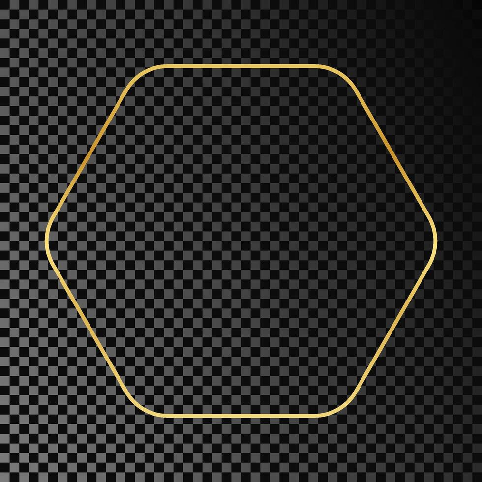 Gold glowing rounded hexagon frame isolated on dark background. Shiny frame with glowing effects. Vector illustration.