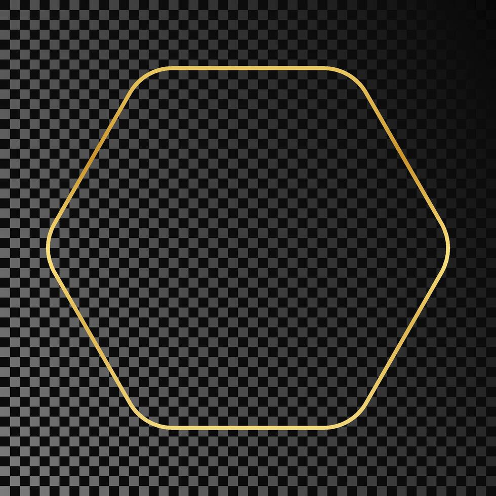 Gold glowing rounded hexagon frame isolated on dark background. Shiny frame with glowing effects. Vector illustration.