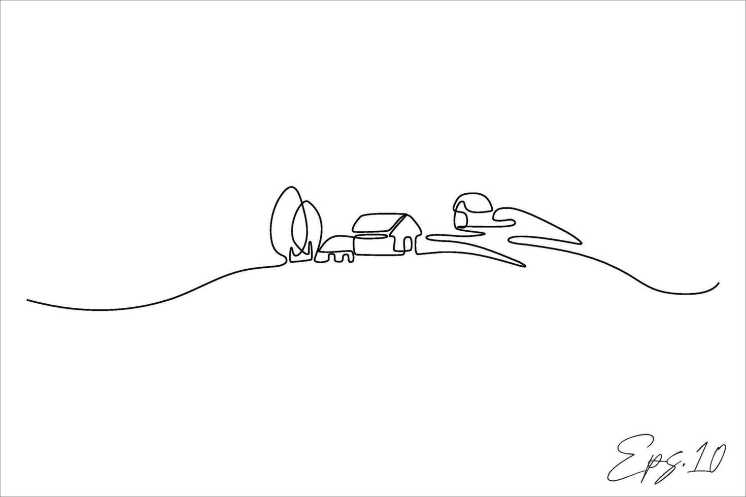continuous line drawing of a village scene vector