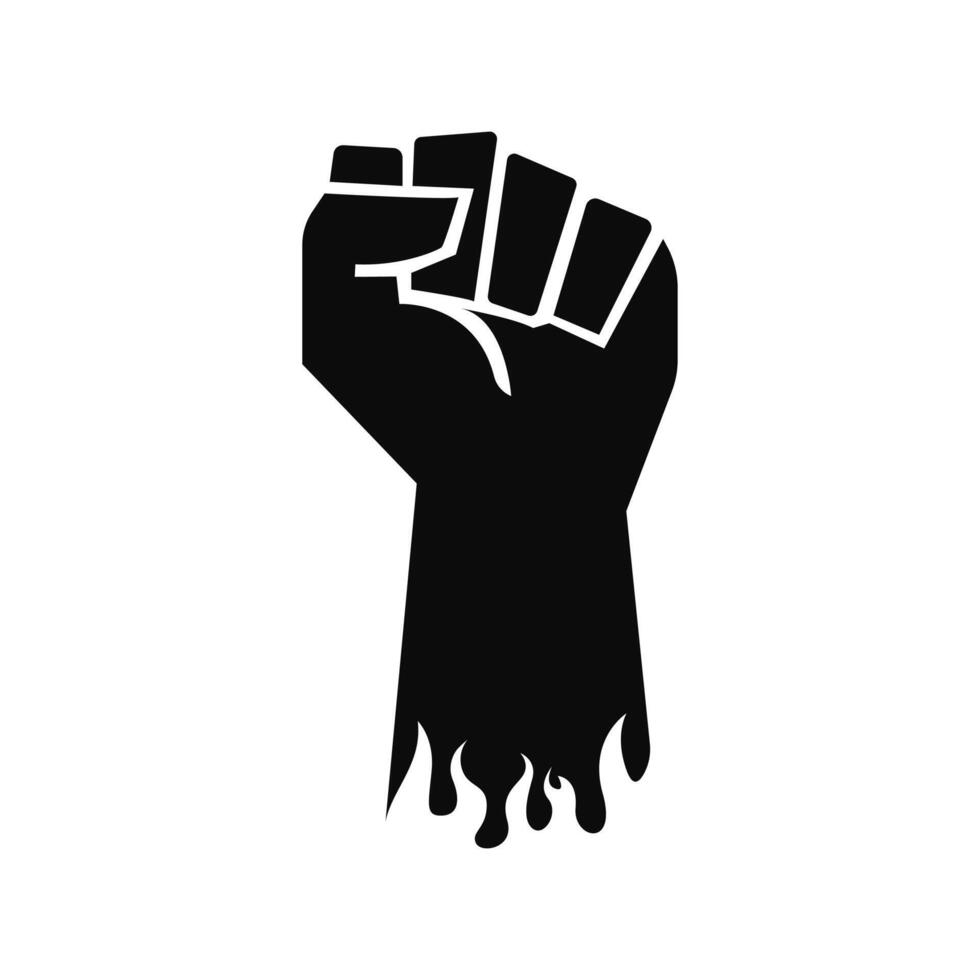 A black clenched fist with flames on it isolated on white background. Clenched fist silhouette free vector