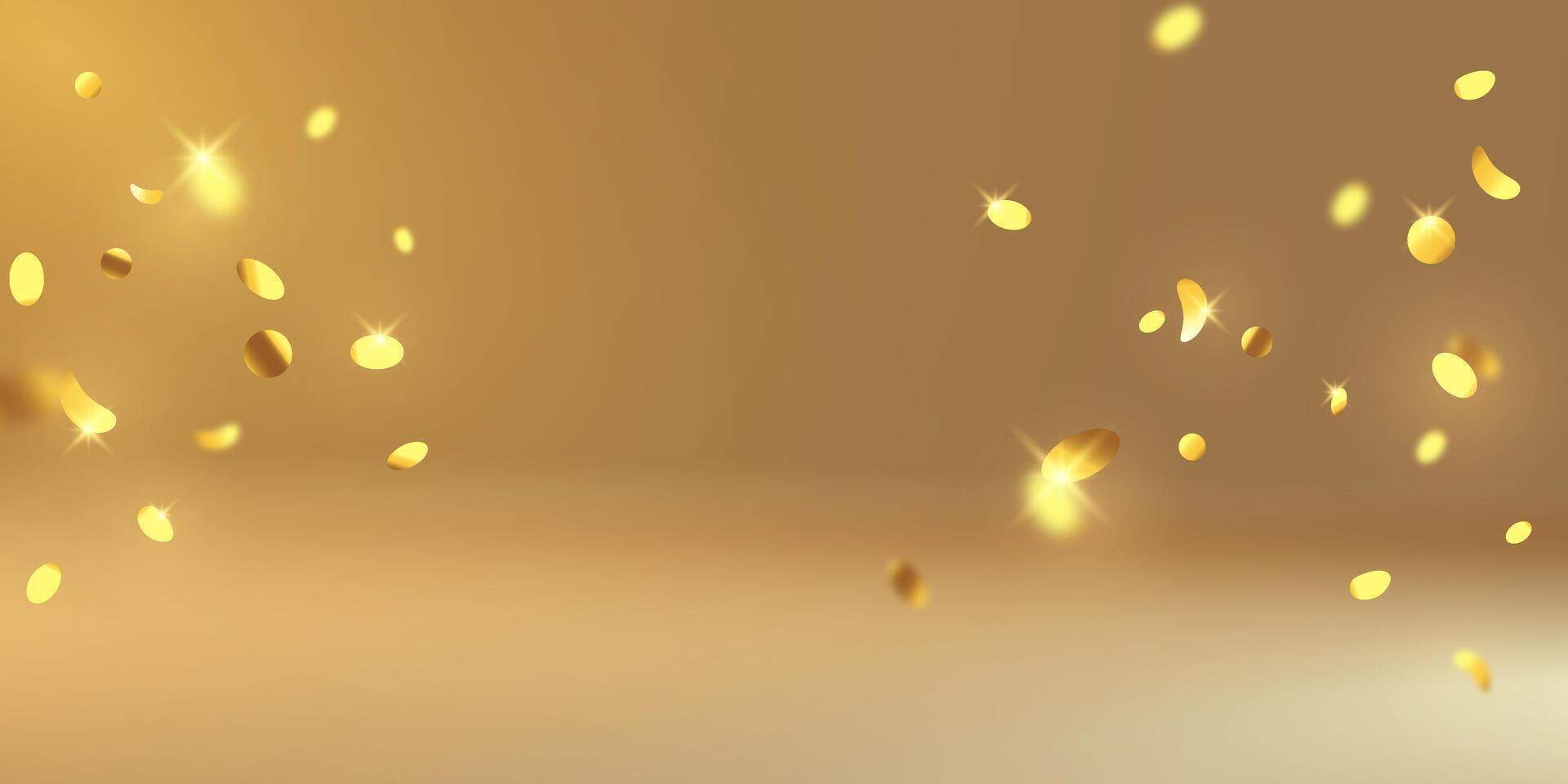 Golden confetti and zigzag ribbon falling from above streamer, tinsel vector