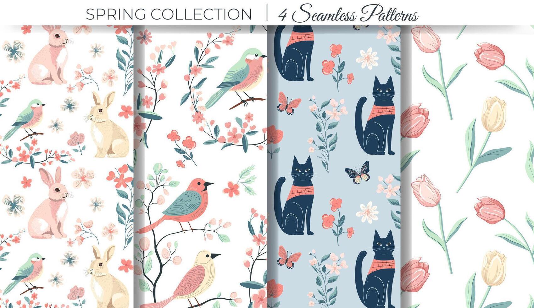 Set of spring backgrounds with bunny, cat and birds. Spring seamless pattern. Easter ornaments vector