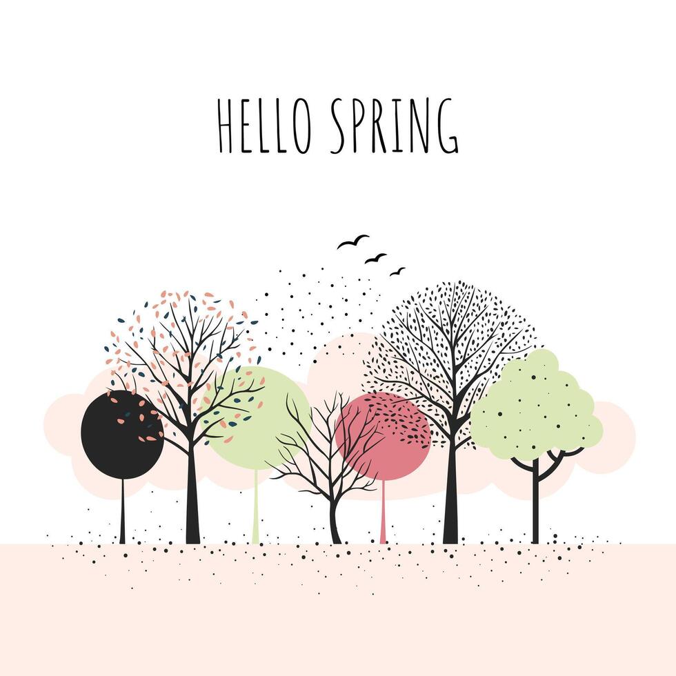 Spring trees minimalist style. Fairy trees. Scandinavian trees composition. Cartoon fantasy frame. Hello spring card. vector