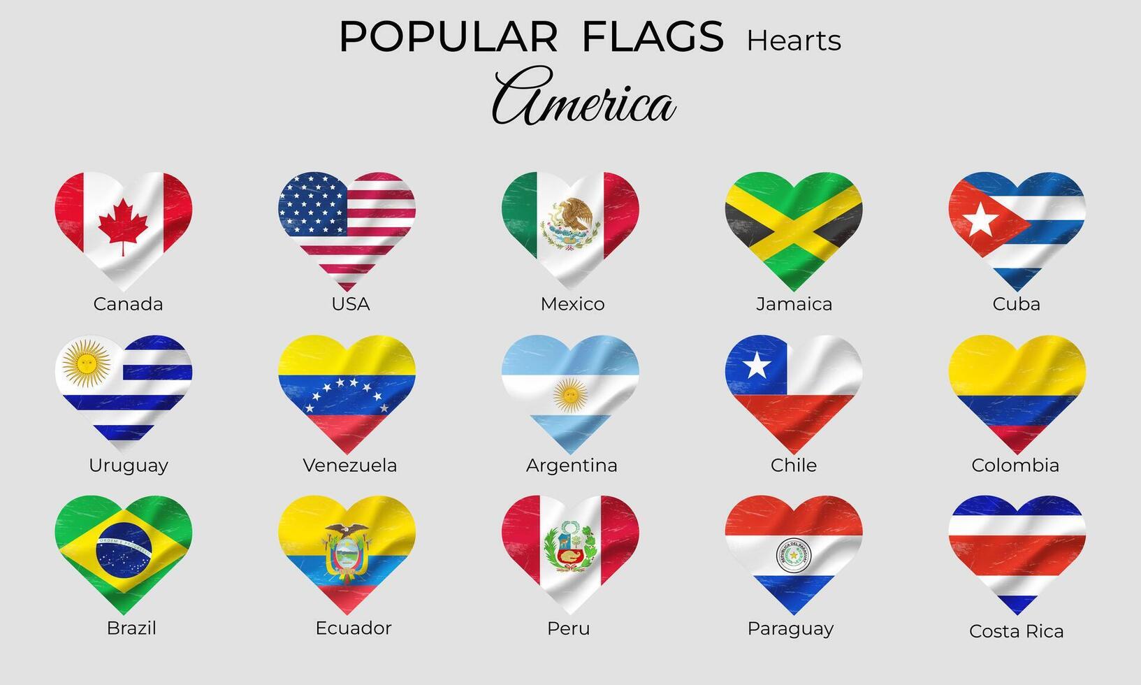 banderas de americano países. bandera en corazón forma grunge antiguo. America bandera icono colocar. vector banderas aislado