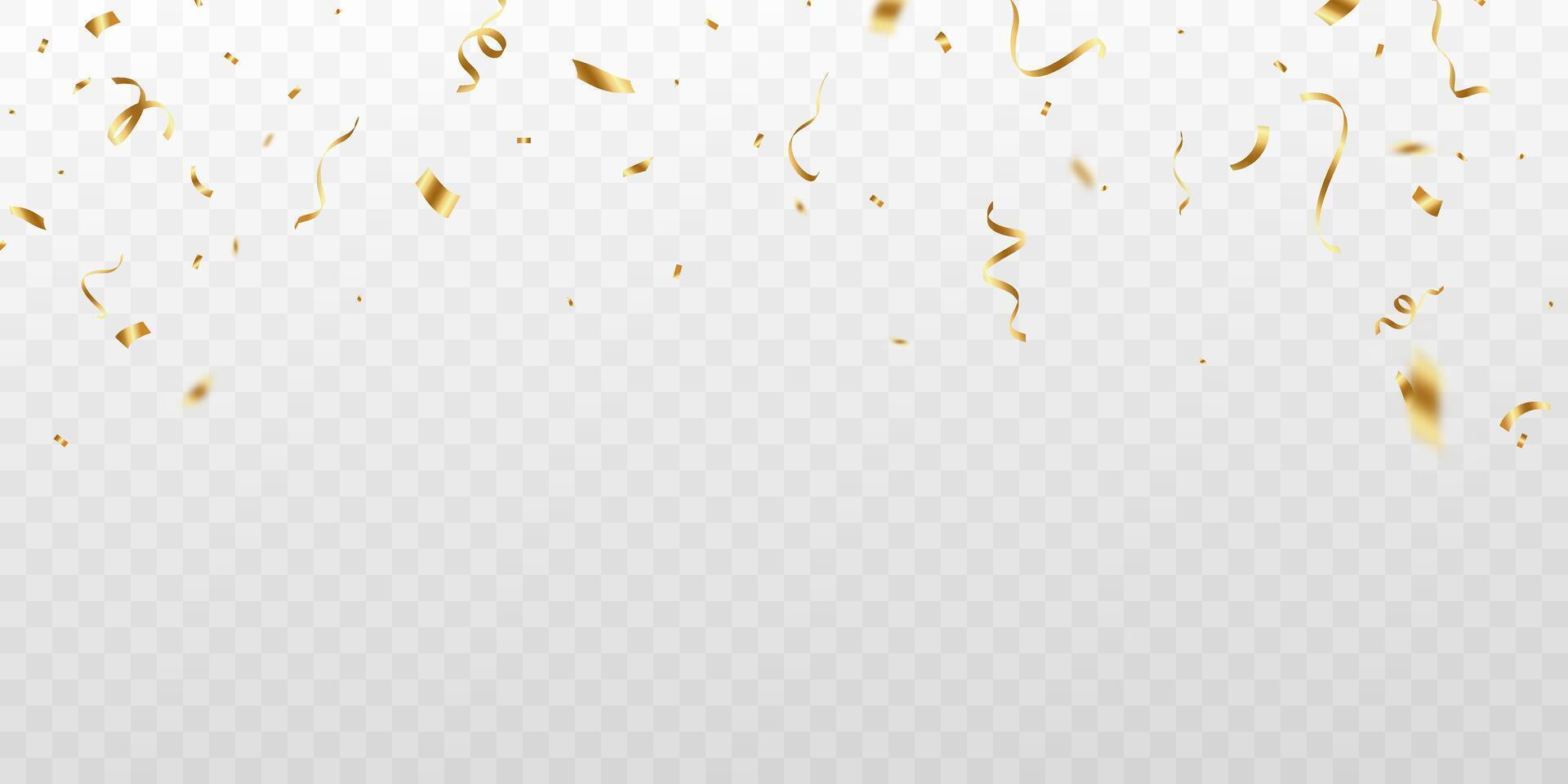 Golden confetti and zigzag ribbon falling from above streamer, tinsel vector