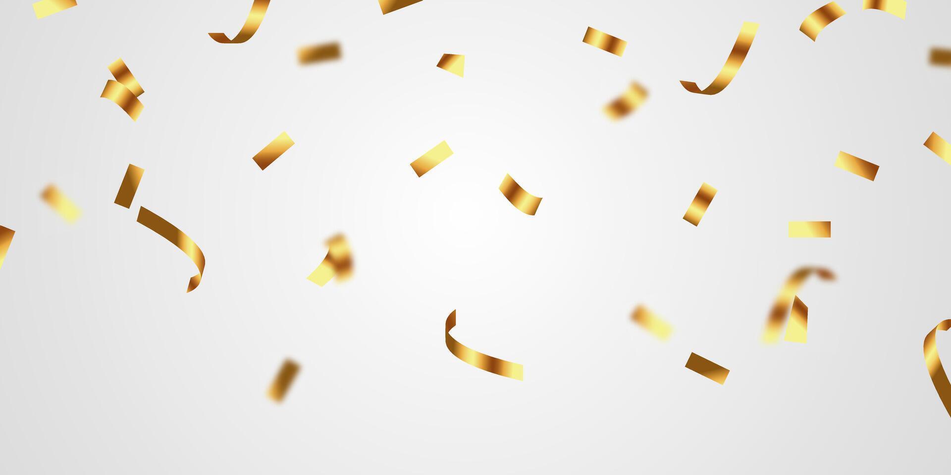 Golden confetti and zigzag ribbon falling from above streamer, tinsel vector