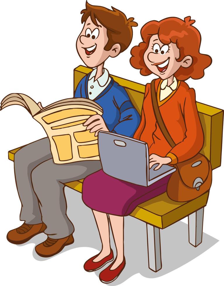 young couple sitting on the bench cartoon Vector