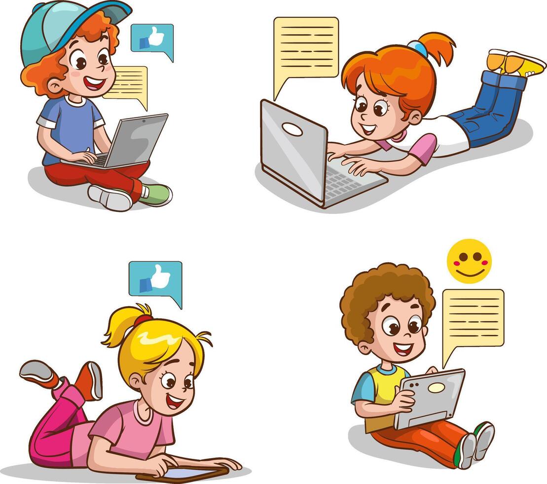 Vector Illustration of Children's Education. Children using tablets and phones. Use of technology in education. social media and children.