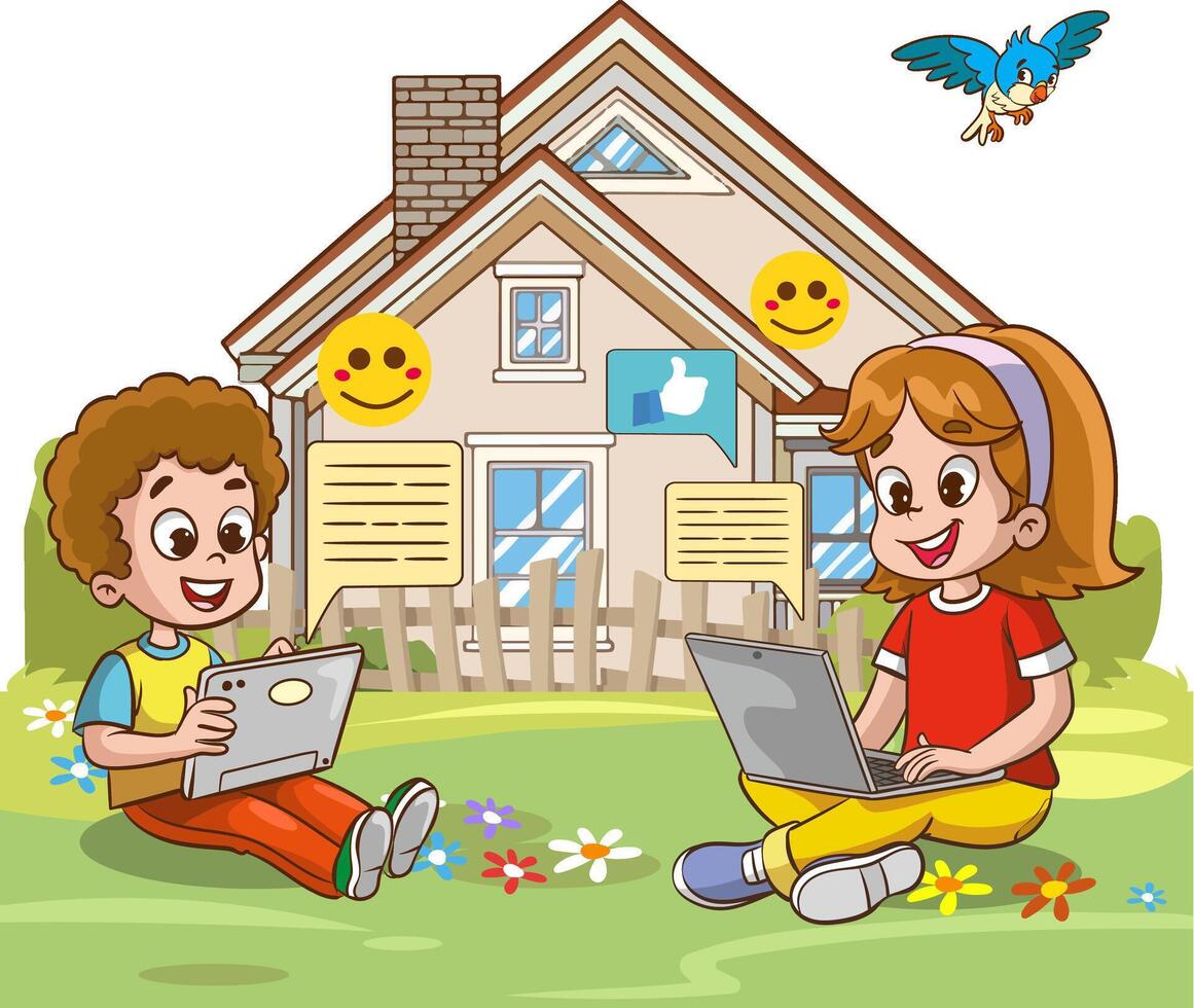 Vector Illustration of Children's Education. Children using tablets and phones. Use of technology in education. social media and children.