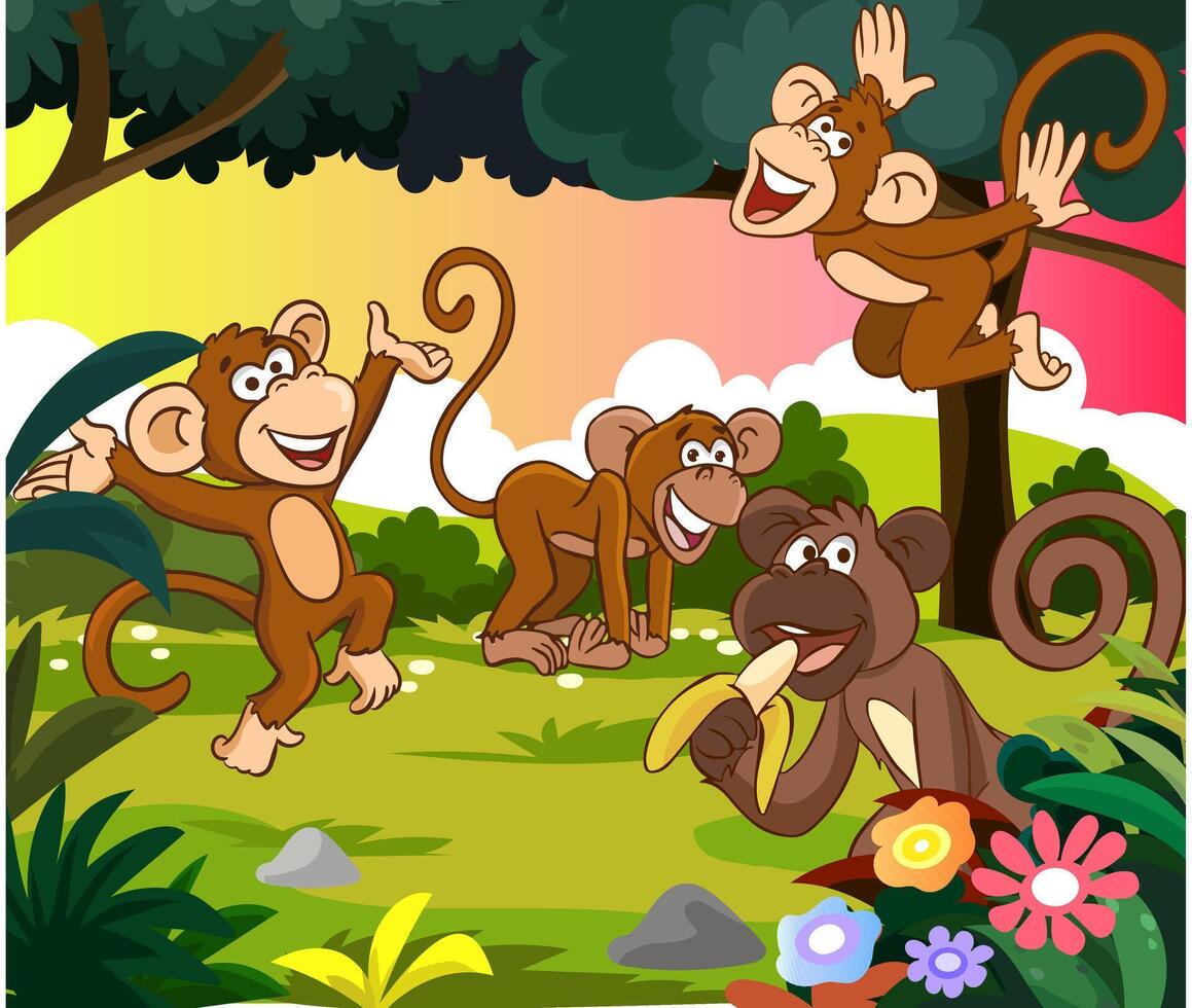 Vector illustration of Monkeys in the Forest