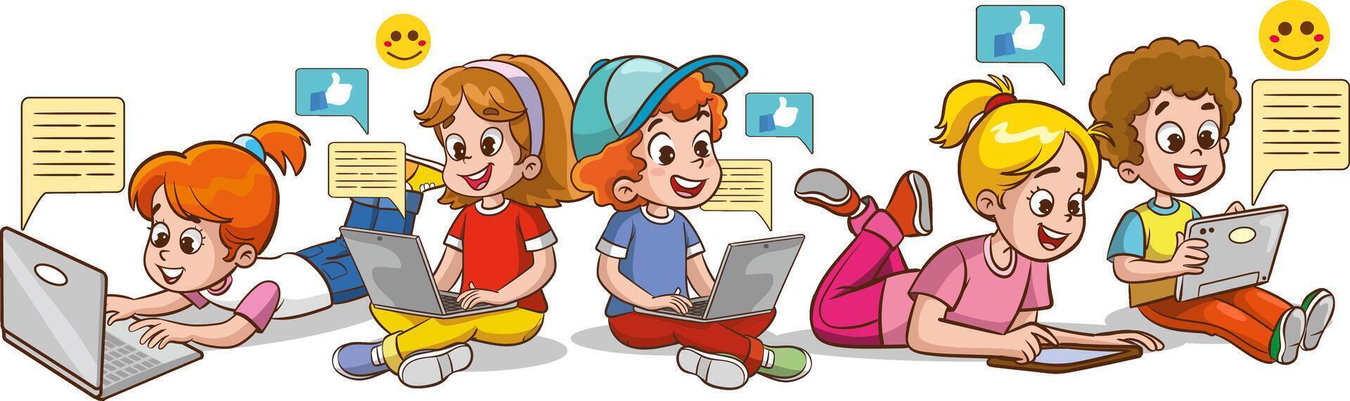 Vector Illustration of Children's Education. Children using tablets and phones. Use of technology in education. social media and children.