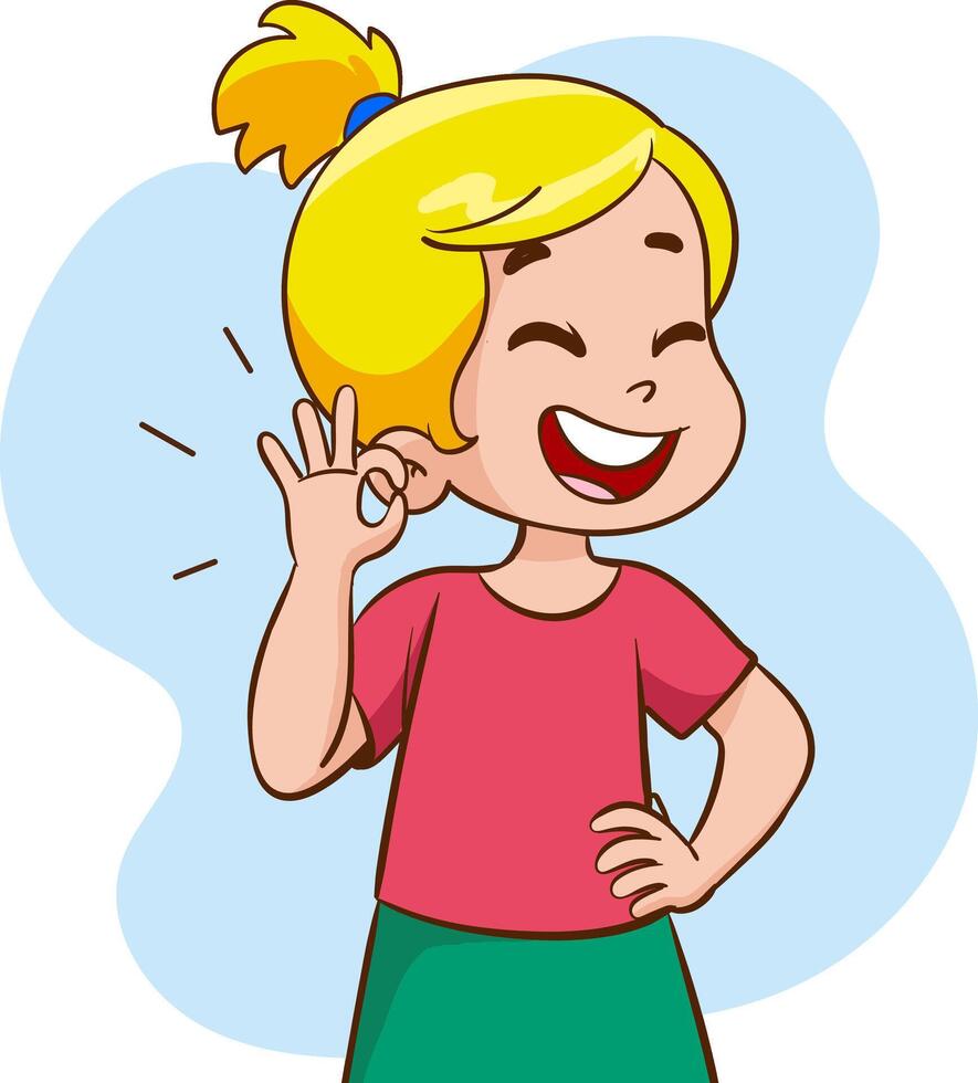 Cute happy children with different positive emotions, feelings, excited facial expressions, thumb up and waving hand gestures, success V sign ,self confidence, and optimistic body languages vector