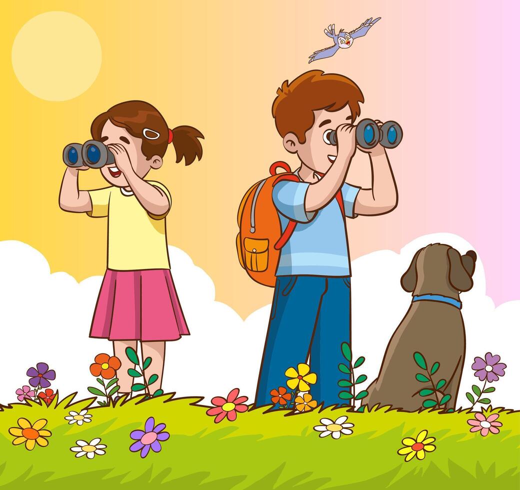 vector illustration of children looking through binoculars