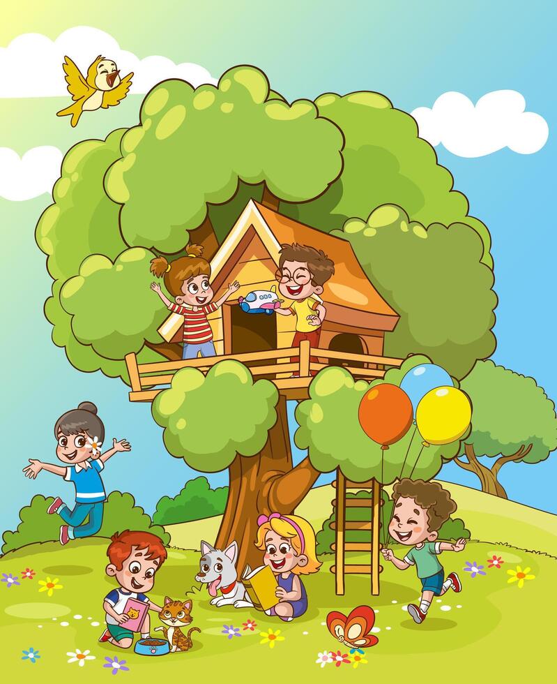 Vector illustration of children playing in tree house