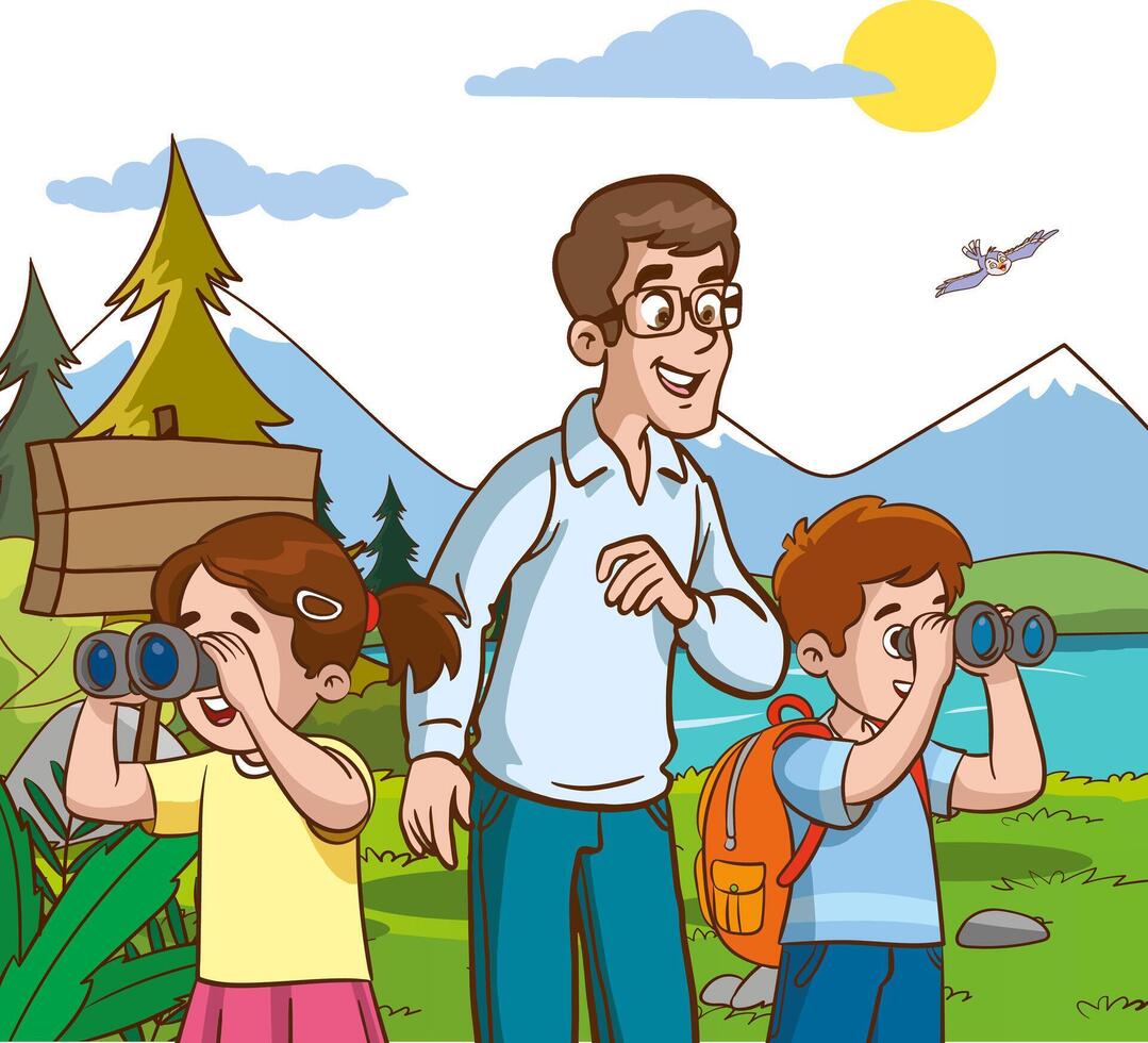 vector illustration of children looking through binoculars