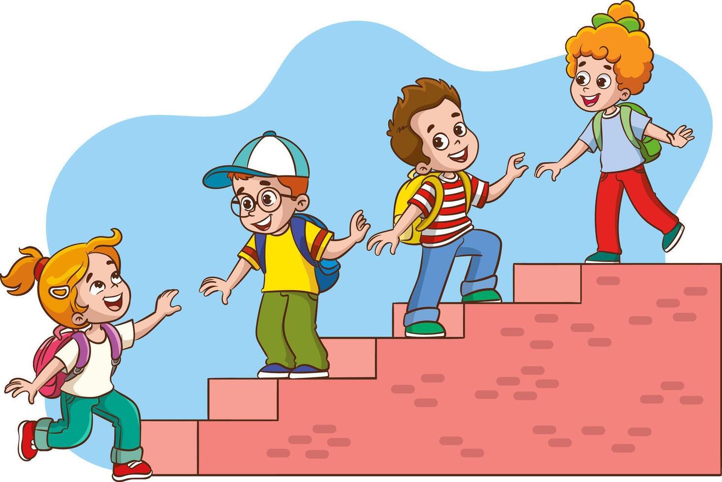 linda niños escalada el escalera de éxito por trabajando como un trabajo en equipo camaradería vector