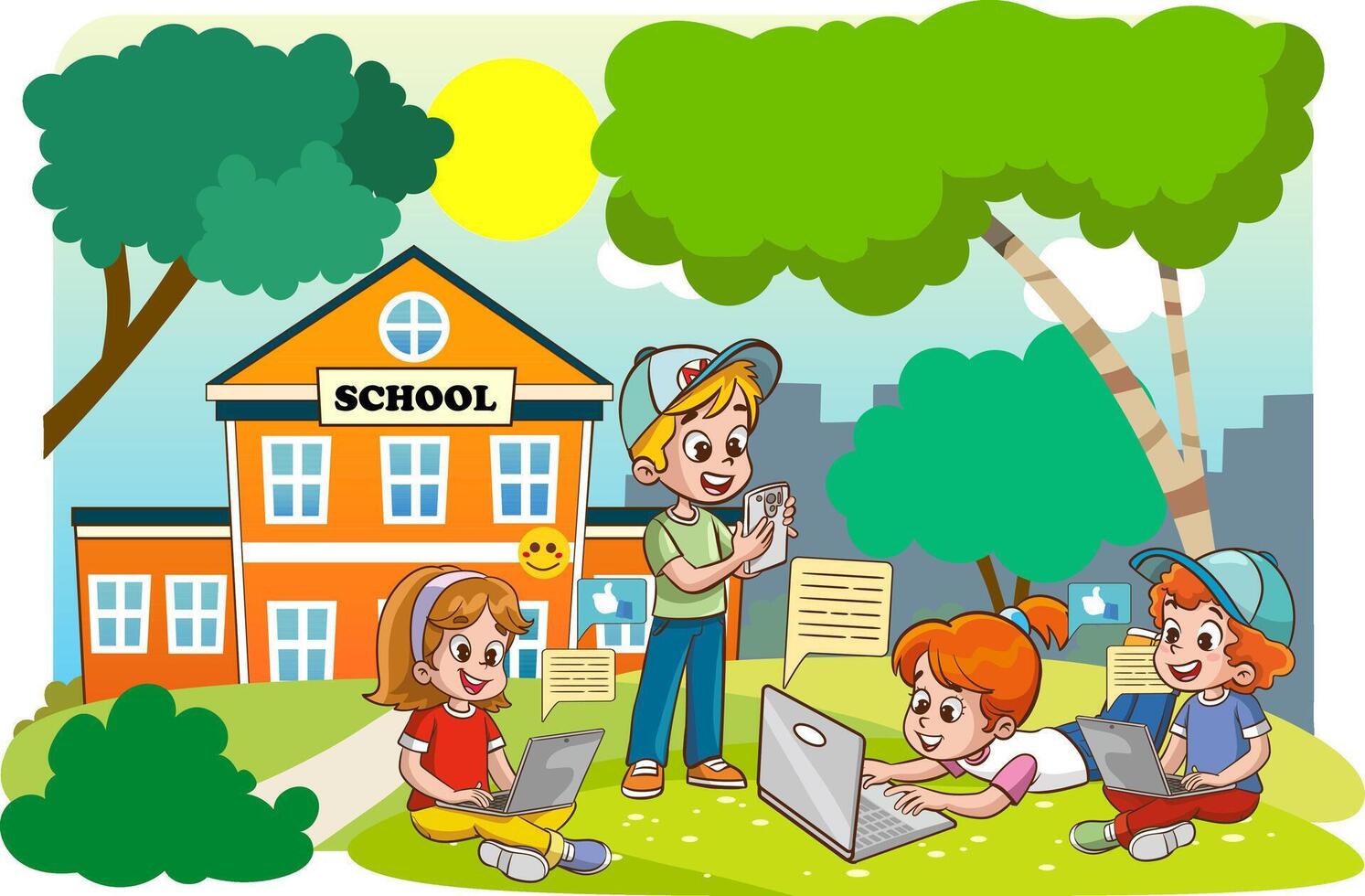 Vector Illustration of Children's Education. Children using tablets and phones. Use of technology in education. social media and children.